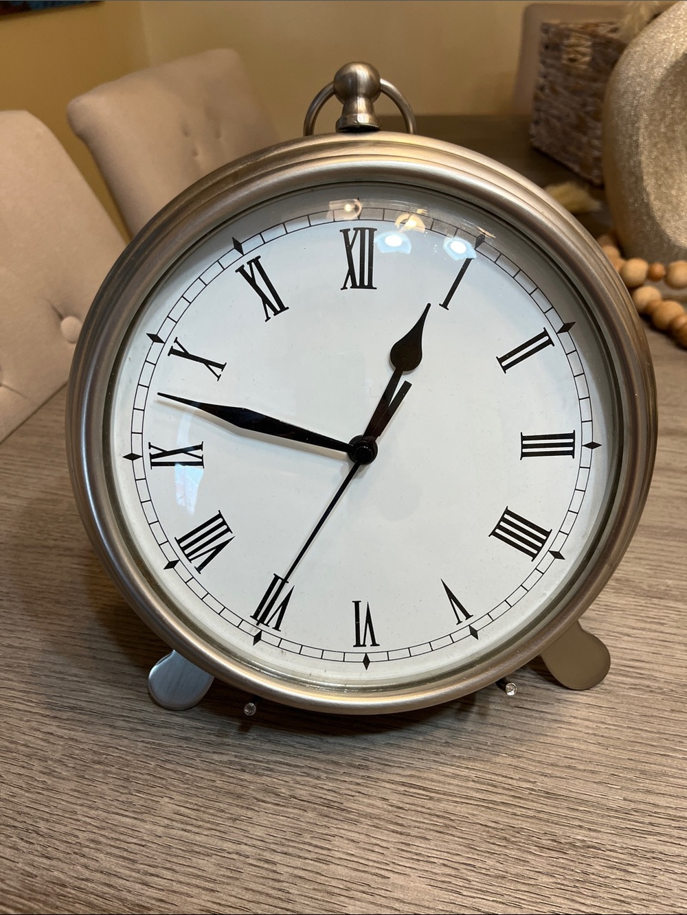 Pottery Barn Silver-Tone Round Roman Numeral Table Clock